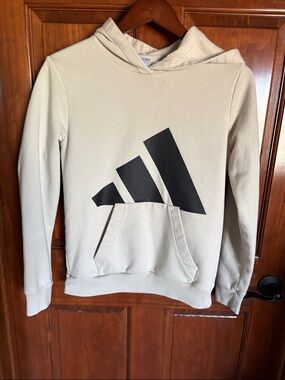 adidas Cream Hoodie with Black Trefoil-Style Logo- Boys Large 14/16